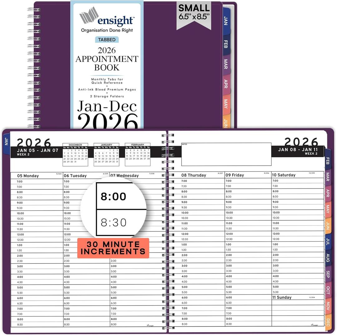 Ensight 2026 Appointment Book and Planner 6.5" x 8.5" Large Hourly Weekly Daily Schedule Book with Tabs, 30 Minute Time Slots, Purple Calendar Organizer Jan 2026Dec 2026 Appointment Planner - Purple