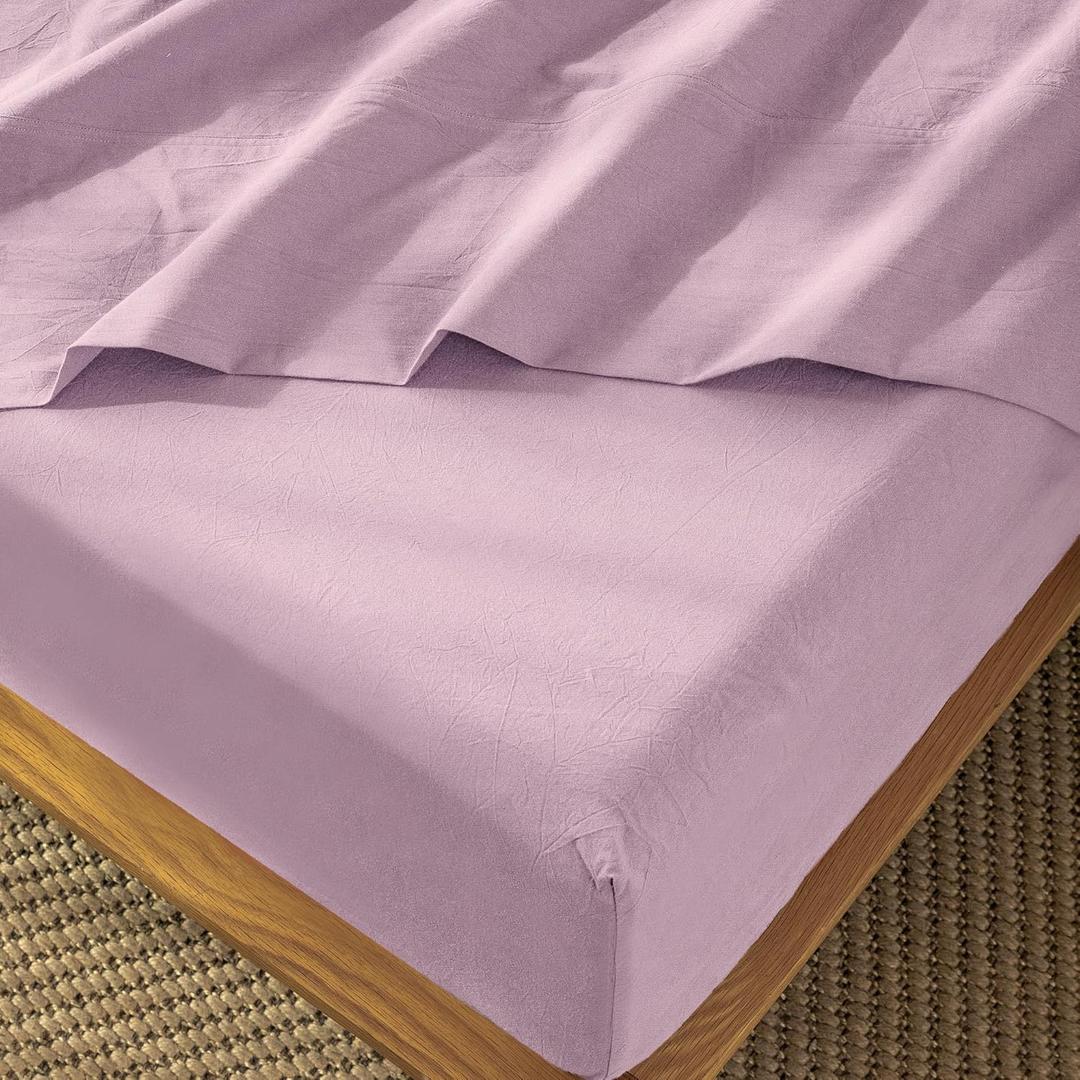 MooMee Fitted Bottom Sheet Only 100% Washed Cotton Linen Like Textured Breathable Durable Soft Comfy Deep Pocket Fits Mattress up to 17" (Light Purple, Queen)