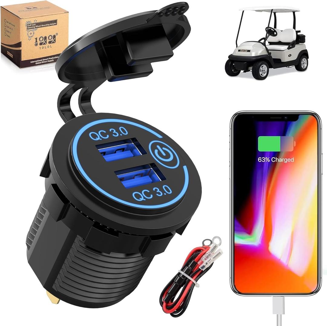 10L0L Golf Cart Dual USB Charger/USB Port/Quick Charge 3.0 USB Outlet Universal fit EZGO Club Car and Yamaha, Also fit Motorcycle,ATV,Boat etc.12V-24V Input