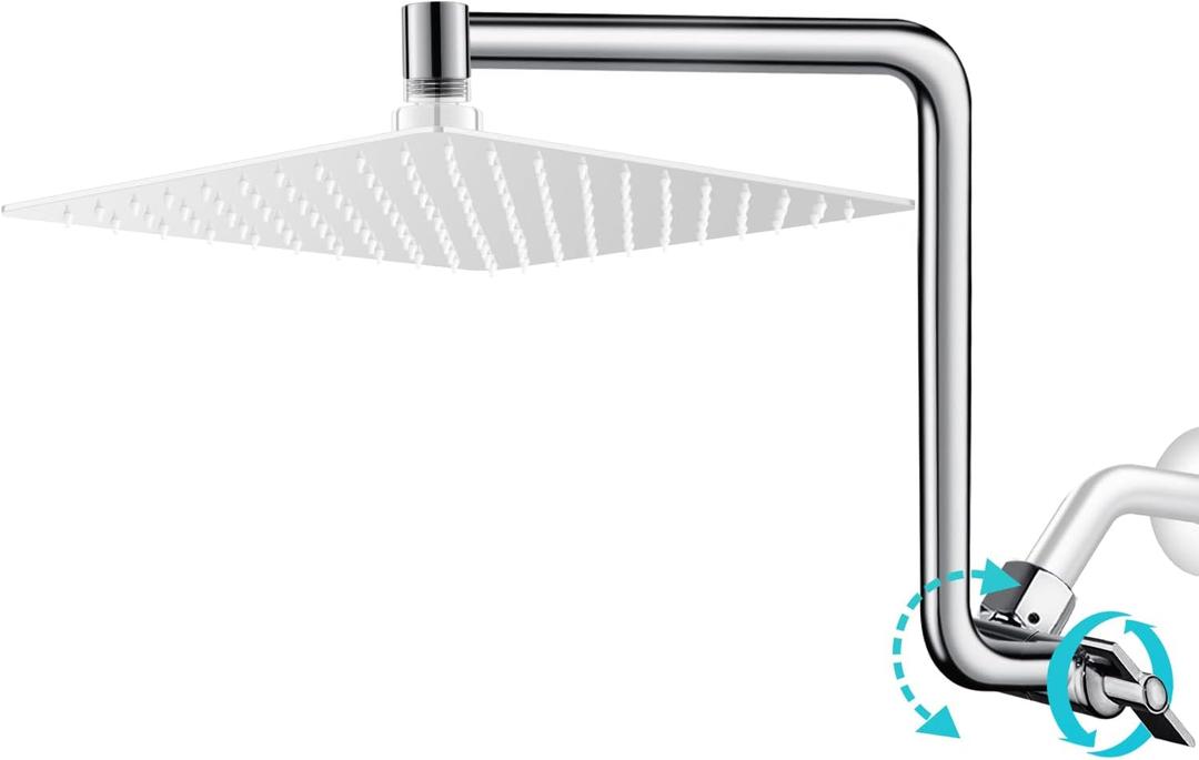 Rain Shower Head Extension Arm, Upgrade 12 Inch Metal Shower Extension Arm, Height/Angle Adjustable Curved Shower Head Extender with 1/2 Universal Connection, Flexible Rise or Lower Shower Head Chrome