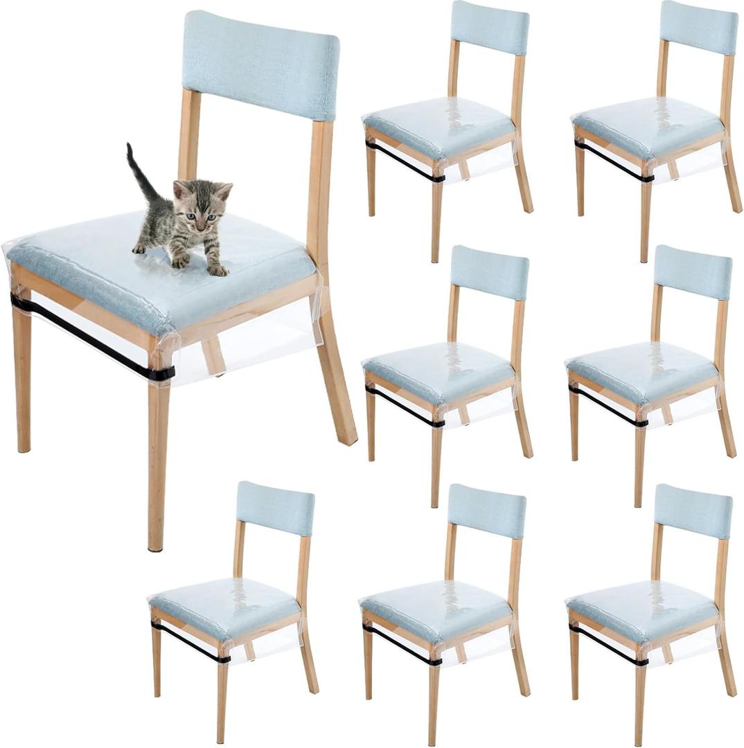 Kigley 8 Pcs Plastic Chair Covers for Dining Room Chairs Clear Plastic Seat Covers Water Stain Kitty Scratch Resistant PVC Waterproof Chair Protector with Adjustable Belt Strap for Most 18"- 20" Seats