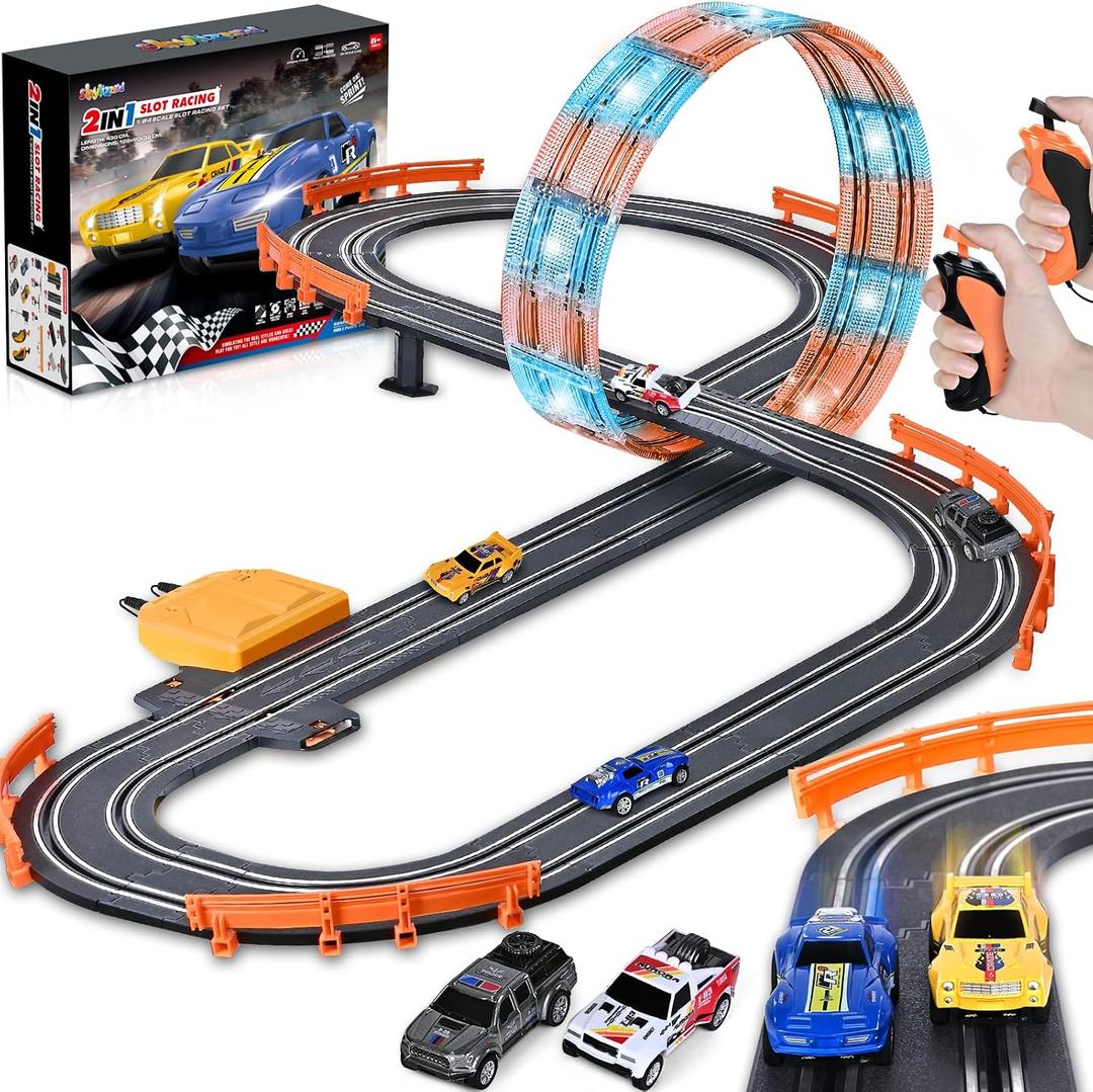 Slot Car Race Track Sets with 4 Slot Cars, Ideal Birthday Xmas Gifts Toys for Kids Boys Ages 6 7 8-12, Battery or Electric Race Car Track Set with Dual Racing Game, Flash Circular Track, Lap Counter, Large