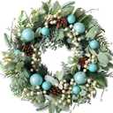 22" Spring Wreaths for Front Door Summer Wreaths with Leaves Berries Clusters and Blue Balls for Outside Wall Window Indoor Outdoor Party Holiday Decoration