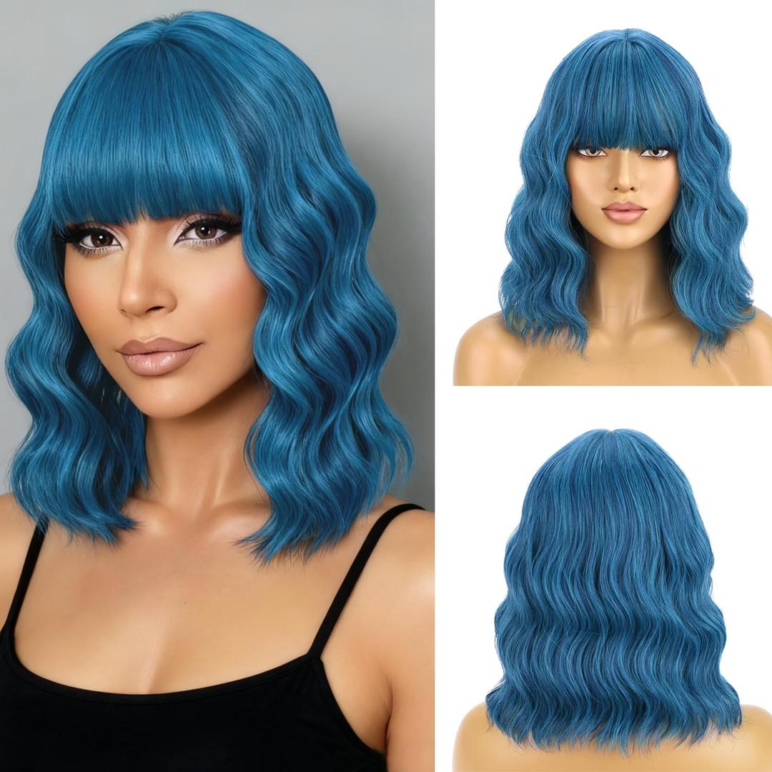BERON Blue Wig Short Curly Wig for Women Mix Blue Wigs with Bangs Synthetic Dark Blue Wigs with Hairnet Include
