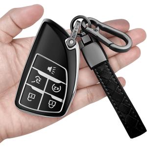 Sindeda for Chevy Key Fob Cover with Keychain Soft TPU Protection Case Compatible with 2021-2026 Chevrolet Equinox Blazer Tahoe Suburban GMC Yukon Denali Silverado 5-Buttons (Silver)