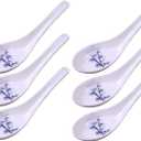 Happy Sales Melamine Soba, Rice Spoons, Asian Chinese Won Ton Soup Spoon, 6 Pack Blue Bamboo Design