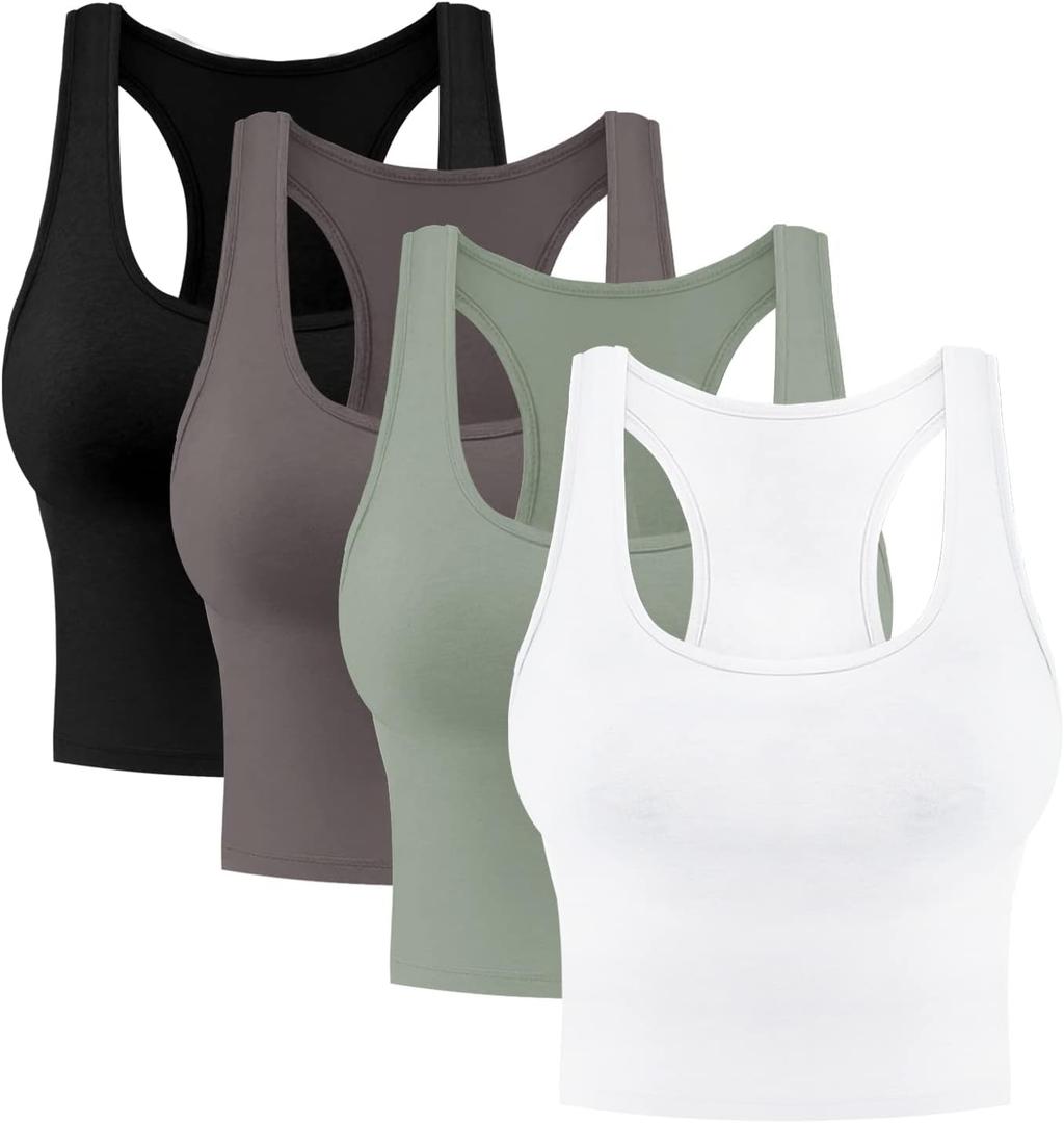 4 Pieces Women's Crop Tops Cotton Basic Tank Tops Racerback Sleeveless Sports Workout Crop Tank Tops (Medium, Black,white,coffee,olive)