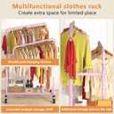 Laiensia Double Rods Garment Rack with Wheels, Clothing Rack for Hanging Clothes,4 Hooks, Multi-Functional Bedroom Clothes Rack, Pink