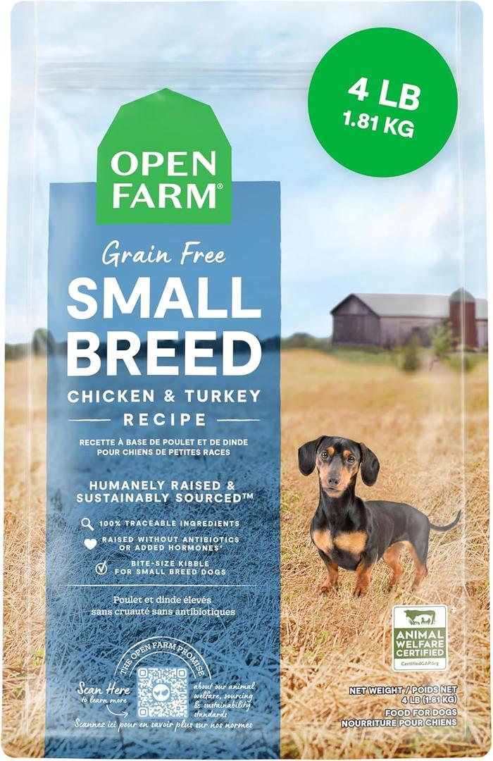Open Farm, Grain-Free Dry Dog Food for Small Breeds, High-Protein Kibble, Sustainably & Ethically Sourced Ingredients, Non-GMO Veggies & Superfoods, Chicken & Turkey Recipe for Small Dogs, 4lb Bag (4 Pound (Pack of 1))
