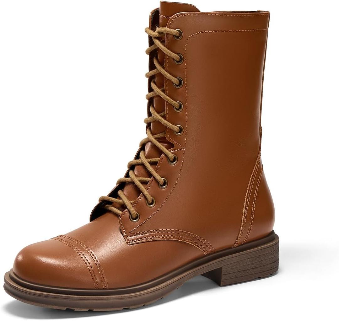 Coutgo Womens Mid Calf Combat Boots Low Heel Lace Up Round Toe Military Boots Fall Shoes with Side Zipper (6.5, Brown)