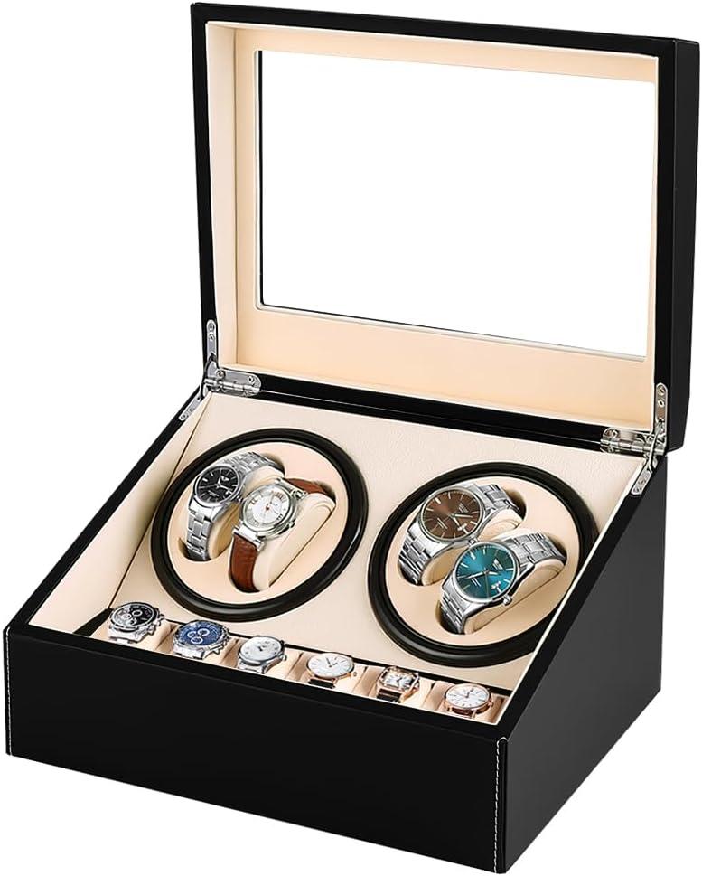 J&T Technology Automatic Watch Winder for 4 Watch Rotator + 6 Watch Storage,2 Rotating Modes,Quiet Japanese Mabuchi Motor  Watch Winder Box for Men/Women,AC Adapter (PU)