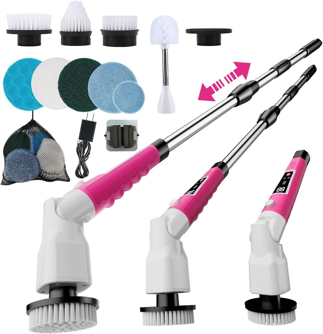 Electric Spin Scrubber,2026 New Adjustable Angle Cleaning BrushIPX7 Waterproof Shower Scrubber with 3 Speed Settings,9 Brush Heads & Extendable Long Handle for Bathroom, Kitchen and Car Cleaning (Pink)