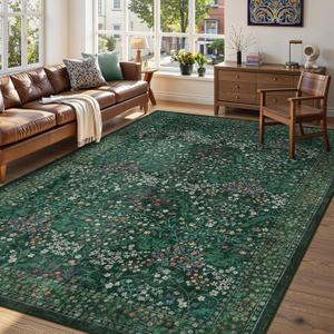 LIVEBOX Dark Green Floral Washable Area Rug 5x7 Rugs for Living Room Bedroom, Vintage Green Forest Floral Rug, Boho Non Slip Low Pile Stain Resistance Throw Carpet for Farmhouse, Dining Room, Office