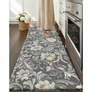 Color&Geometry Floral Kitchen Mat 24"x87", Anti Fatigue Kitchen Mats for Floor, Kitchen Rugs Non Slip, Waterproof & Oil Proof Padded Runner for Standing Desk Office, Sink - Grey