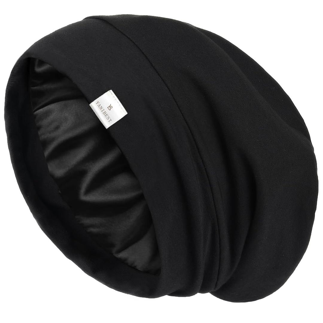 YANIBEST Hair Cover Bonnet Satin Sleep Cap - Adjustable Stay on Silk Lined Slouchy Beanie for Night Sleeping Surgical Hats Pure Black (Large)
