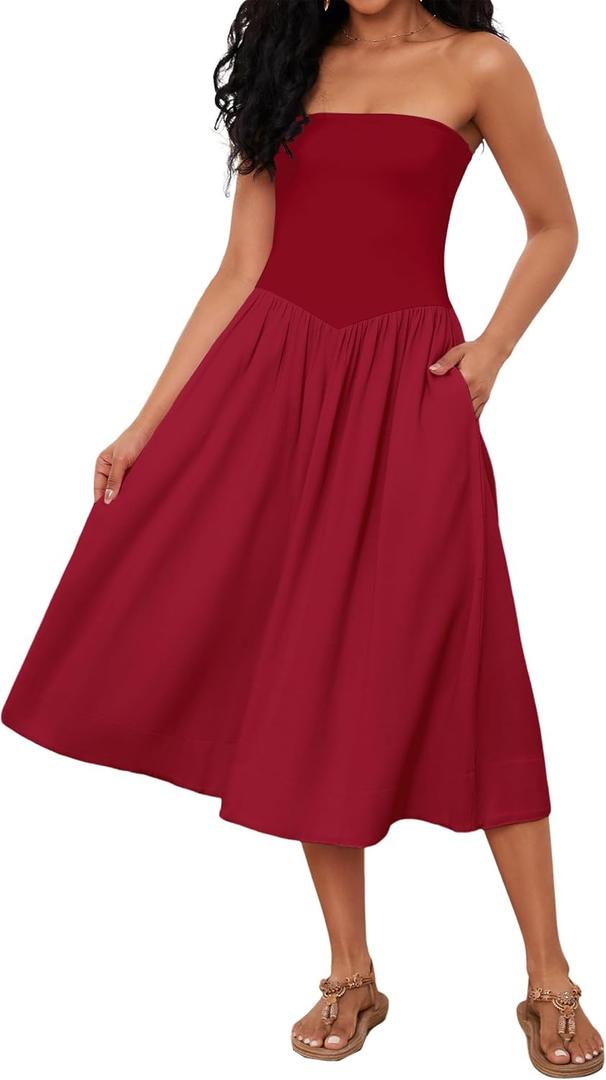 Livtany Women Off Shoulder Midi Dress Strapless Sleeveless Drop-Waist A Line Tube Dress Trendy Summer Swing Patchwork Dress (Red, S)
