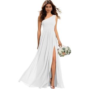 Elegant One Shoulder Bridesmaid Dresses A-line Tea Length Pleated Chiffon Formal Gowns for Women, Size 13