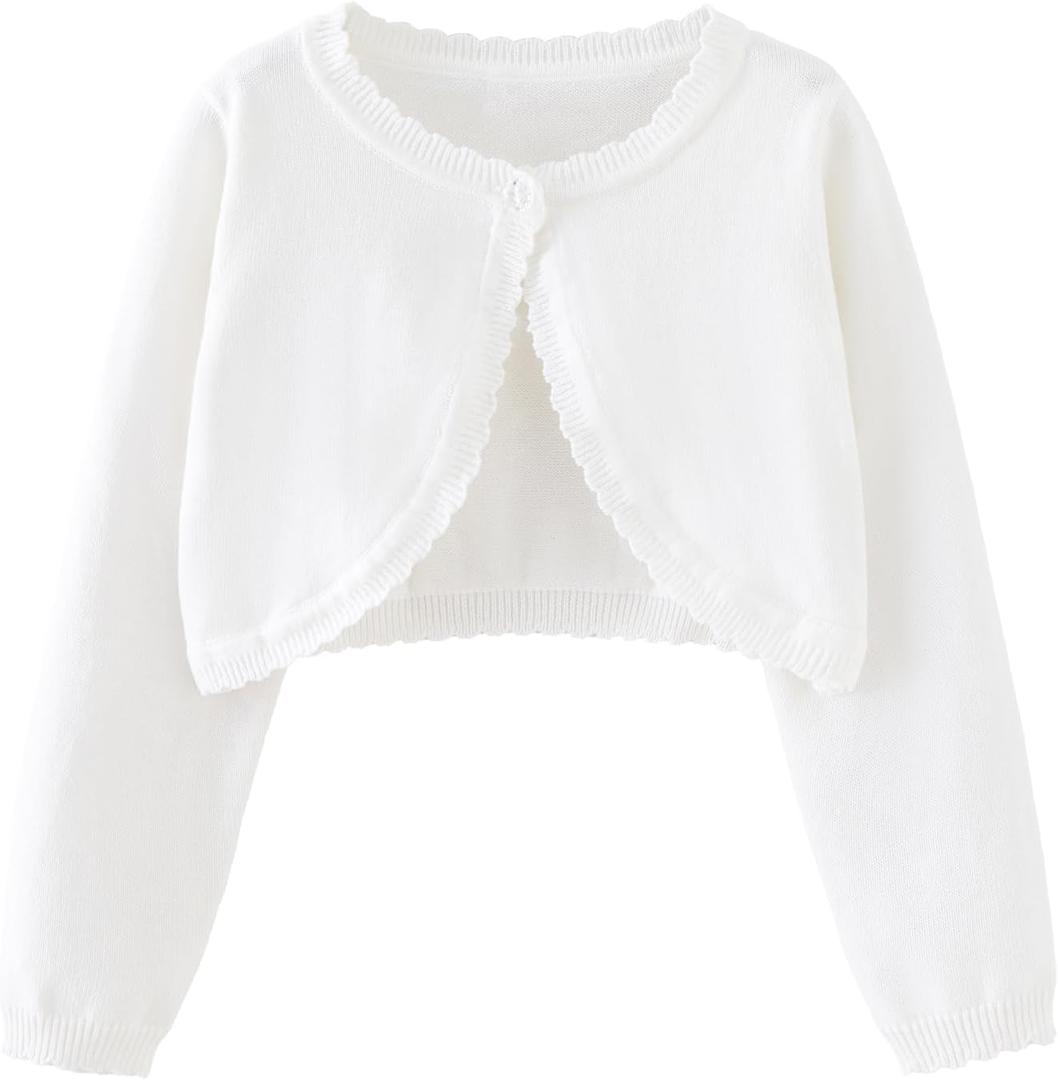 Girls Bolero Cardigan Sweater Toddler Kids Long Sleeve Button Knit Shrug Cropped Cover Up Jacket Tops (12-18 Months, White)