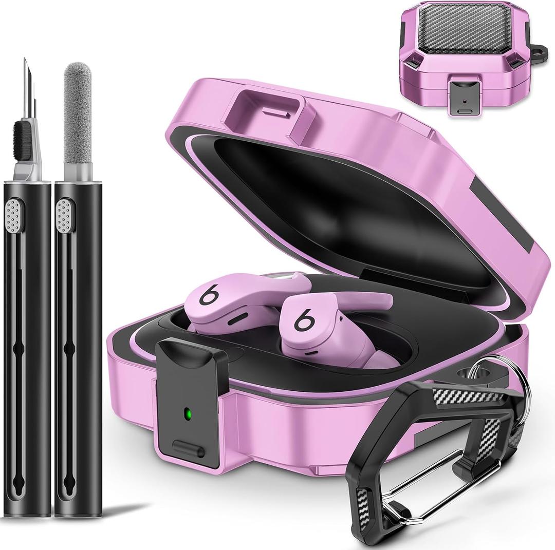 with Safety Lock for Beats Fit Pro Case Cover Protector, Carbon Fiber Material Shock-Absorbing Beats Fit Pro Earbuds Case with Keychain/Storage Box/Clean Brush/Wrist Strap - Pinkish Purple