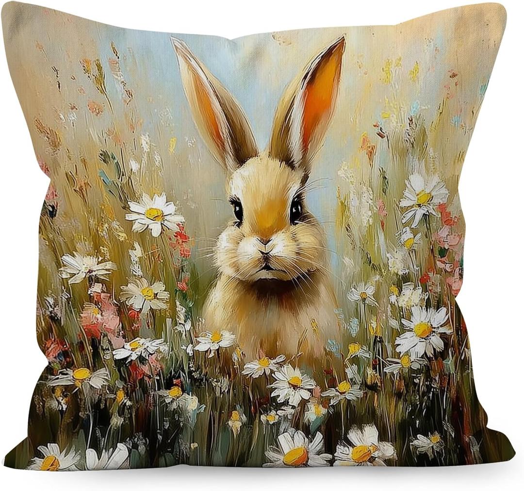 Rustic Floral Easter Bunny Decorative Throw Pillow Cover, Easter Bunny Decor, Cottagecore Spring Wildflower Rabbit Pillow Covers for Home Living Room Bedroom Bed Sofa Decor, 18x18 Inch