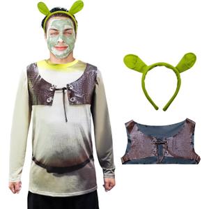 ATAMET Monster costume Halloween long sleeved T-shirt Front Back Print Three piece set with vest headband for Men and Women (3X-Large, Green)