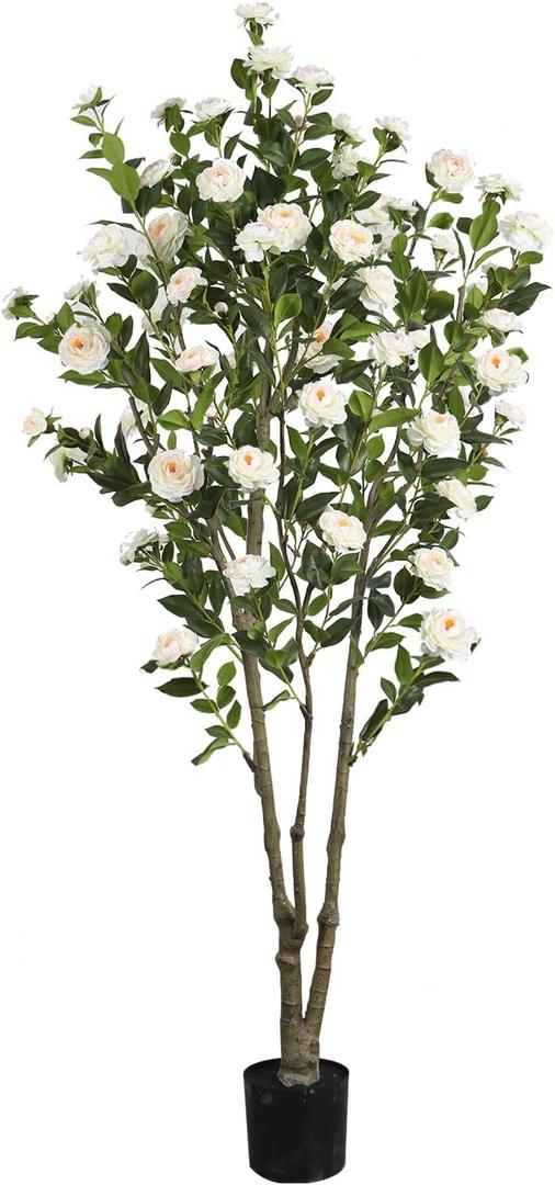 6.89ft Faux Camellia Tree, Handmade Artificial Floral Camellia Tree, Fake Pink White Blooming Flowers Green Leaves, Artificial Plants for Home Front Door Decor Indoor Outdoor Party Wedding