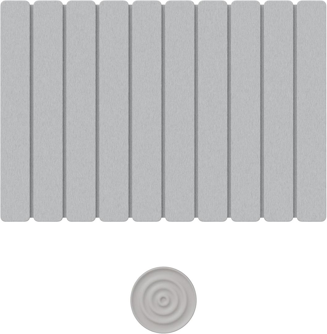 Foldable Diatomaceous Earth Bathroom Mat with Soap Dish - Super Absorbent Stone Bath Mat, Non-Slip and Quick-Dry, Modern Bathroom Design, Includes Matching Soap Tray, 15.3 x 23.6 Inche, Light Gray