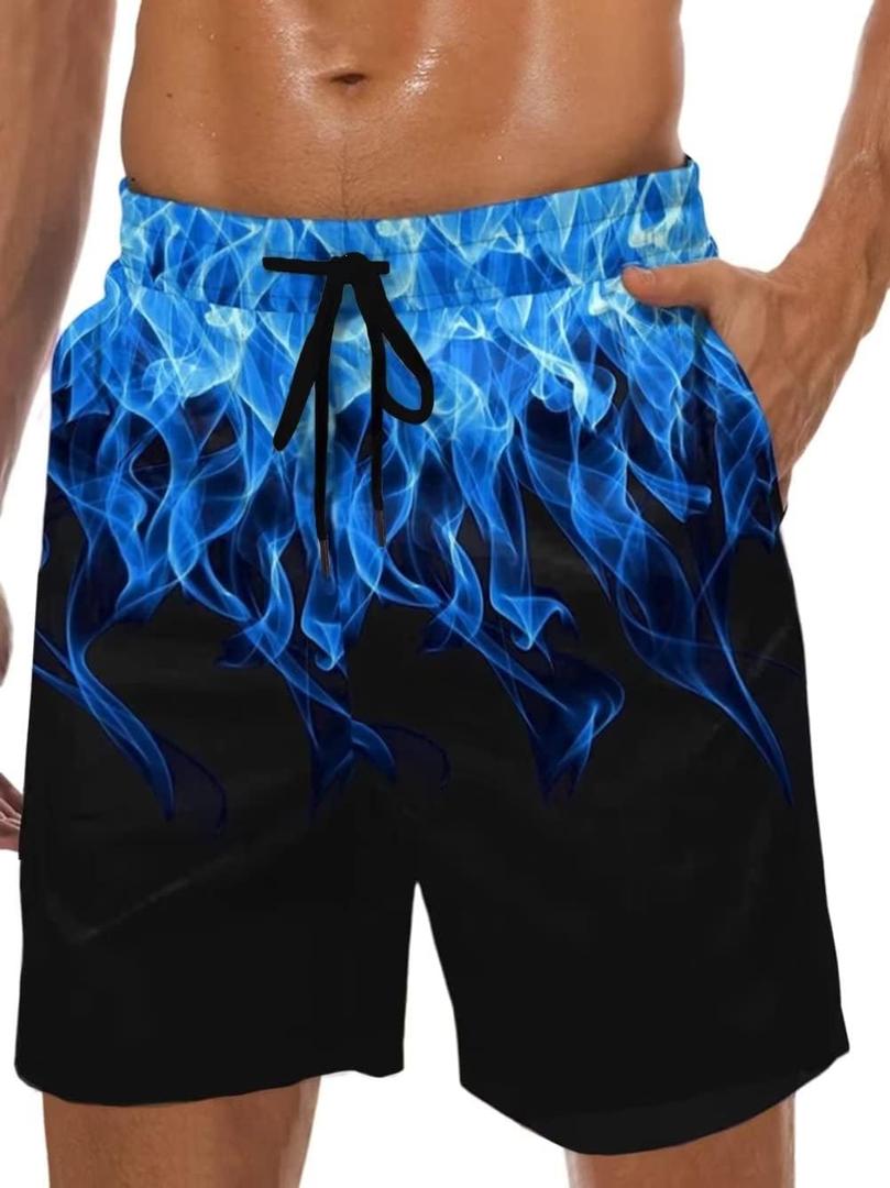 Men's Swim Trunks Hawaiian Bathing Mesh Lining Suit Swimsuits Beach Shorts with Pockets (Small, Black-blue Flame)
