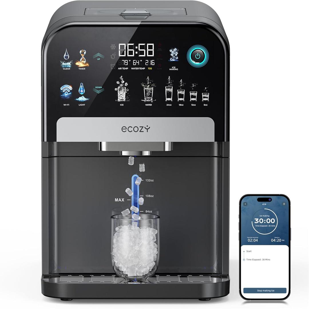 ecozy Nugget Ice Maker Dispenser, Smart 2-in-1 Pebble Ice Machine Countertop & Water Dispenser with App Control, Self-Cleaning, Auto Lighting, TDS Monitor, Measured Dispensing, 33Lbs/Day