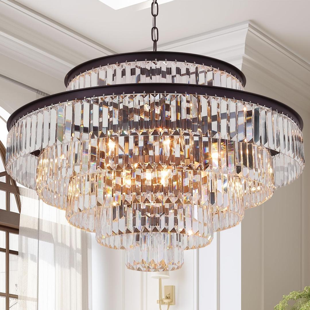 6-Tier Large Gold Crystal Chandeliers 31" Modern Luxury Chandeliers for Staircase K9 Crystal High Ceiling Chandelier 17-Light Round Hanging Pendant Light Fixture for Living Room Entryway Foyer (Brown)