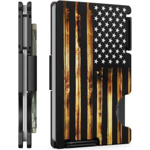 Minimalist Metal Wallet for Men, Ultra-Thin Aluminum Card Holder with Cash Strap, Personalized Wood American Flag, Slim Front Pocket RFID Blocking Wallet