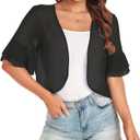 Women's Cardigan Bolero Shrug Ruffle Short Sleeve Open Front Loose Sheer Jackets for Tops (Black, L)