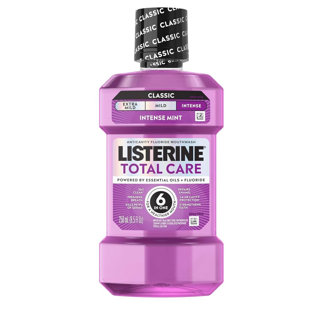Listerine Total Care Intense Anticavity Fluoride Mouthwash, 6 Benefits in 1 Oral Rinse Helps Kill 99% of Bad Breath Germs, Prevents Cavities, Provides 360 Clean*, ADA-Accepted, Intense Mint, 250 mL