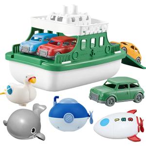 Ferry Boat with 4 Car and 4 Wind Up Bath Swimming Toys, Kids Bath Toy Floating Vehicle Whales Submarines Swans Rockets, Bathtub Bathroom Pool Beach Toy Set for Toddlers Boys Girls