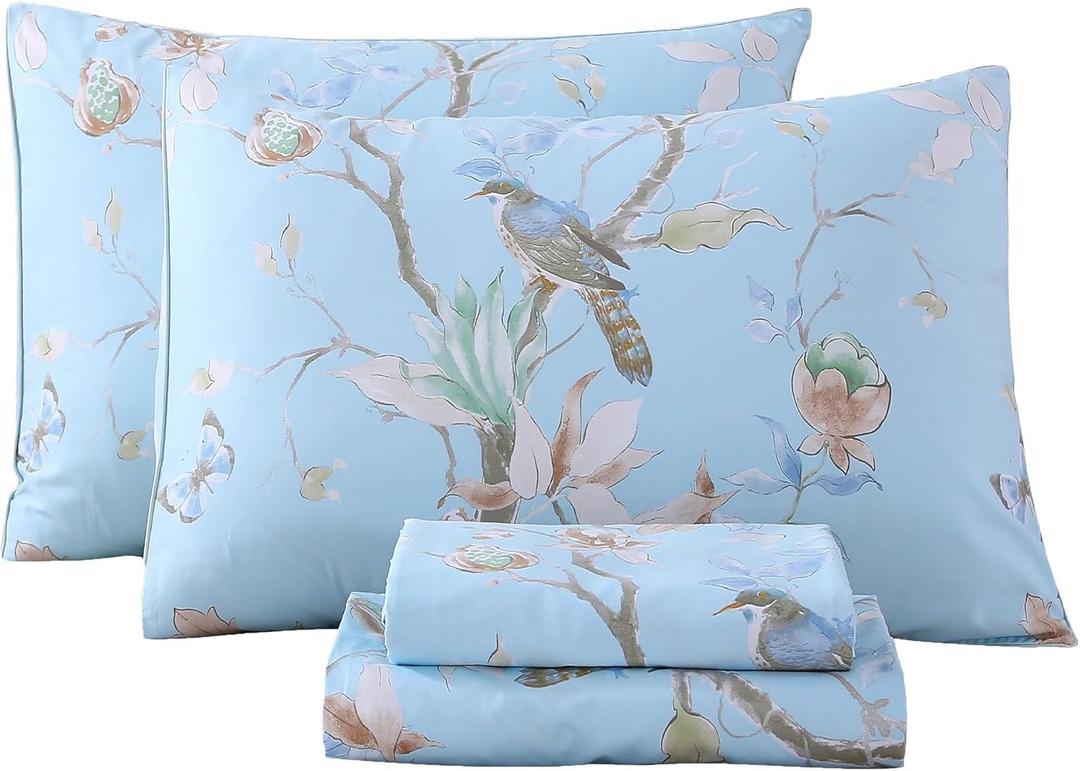 RYNGHIPY Egyptian Cotton Bed Sheet Set Blue Bird Botanical Pattern Bed Sheets Deep Pocket Fitted Sheet Tree Branches Print Bedding Soft Breathable (Light Blue,Queen Size)