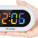 REACHER Small Colorful LED Digital Alarm Clock with Snooze, Simple to Operate, Full Range Brightness Dimmer, Adjustable Alarm Volume, Outlet Powered Compact Clock for Bedrooms, Bedside, Desk, Shelf
