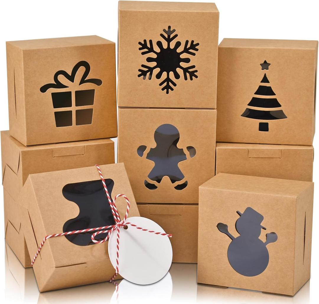 COTOPHER 30Pcs Christmas Cookie Boxes with Window, 4x4x2.5 inch Brown Bakery Boxes for Gift Giving, Mini Cake Boxes Holiday Pastries Boxes for Cakes Muffins Donuts Chocolate Strawberries