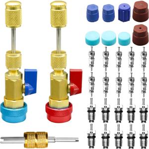 31Pcs R134A Valve Core Quick Remover Installer Tool Set, High Low Pressure AC Valve Core Removal Tool with R134A Valve Core AC Service Port Cap Valve Stem Kit for Refrigerant Air Conditioner System