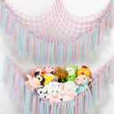 Stuffed Animal Hammock with LED Lights - 59 Inch Large Toy Storage Net for Kids Bedroom, Wall-Mounted Plush Organizer with Wooden Rings, Nursery Decor (Handwoven, Pink)