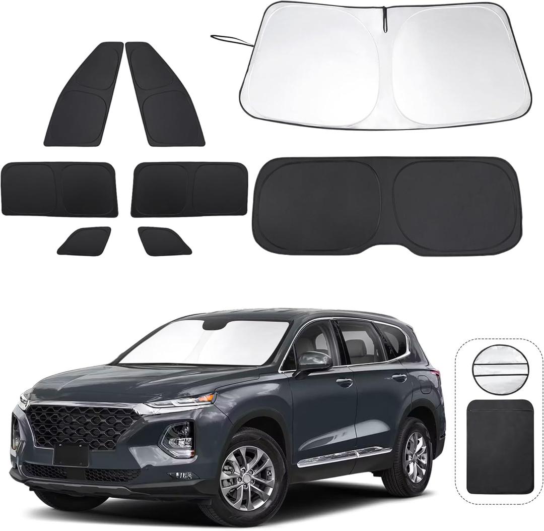 8PCS Windshield Sun Shade Custom Fit for 2019-2024 Hyundai Santa Fe,SE,SEL,SEL Plus,Limited,Ultimate Accessories Foldable Sunshade Side Rear Window Shade Cover Full Set Privacy Protection