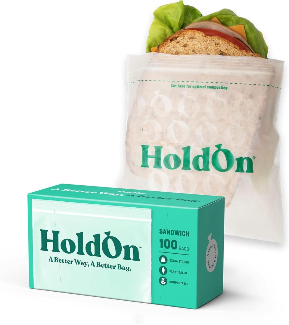 HoldOn Zipseal Sandwich Bags  Compostable, PFOA-Free, BPA-Free, Food-Safe Zip Seal Food Storage Bags With Secure Seal for Home & Travel, Freezer-safe (100 bags total)