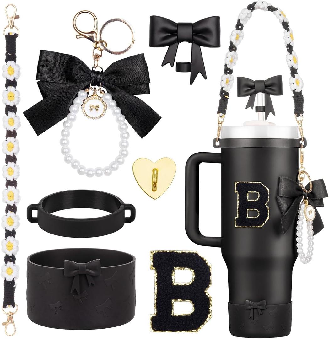 7Pcs Black Stanley Cup Accessories for 40Oz 30Oz 20Oz, Women Teen Girls Gifts, Stanley Tumbler Cup Decoration with Straw Topper, Bow Charm, Silicone Boot, Handle Strap, Letter Sticker B