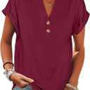 ANRABESS Womens Short Sleeve Henley Tops V Neck Dressy Casual Blouses Summer Trendy Tee Shirts 2026 Vacation Fashion Clothes (Large, Burgundy)