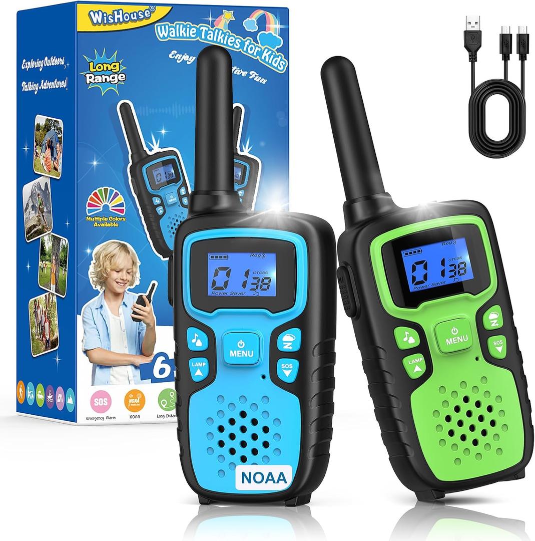 Wishouse Walkie Talkies for Kids Rechargeable Long Range,Xmas Birthday Gift for 4 5 6 7 8 9 Year Old Boys Girls,Hiking Gear Camping Games Cool Toys with NOAA,SOS Siren,Lamp,Lanyards,Easy to Use,2 Pack (Blue Green)