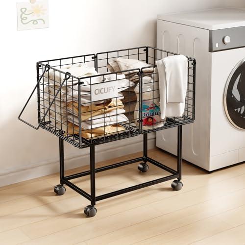 CICUFY Rolling Laundry Cart, 80L Wire Laundry Hamper Basket on Wheels, Dirty Clothes Basket with Handle, Metal Clothes Hamper Organizer for Laundry Room, Bathroom, Bedroom, Dorm, Black