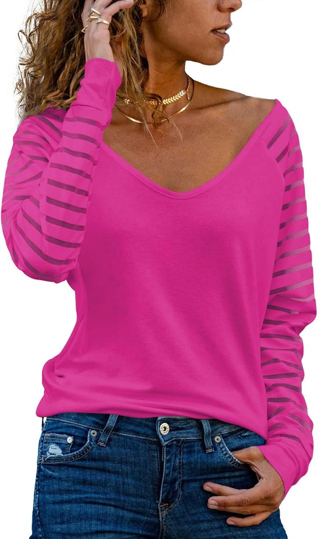 AISEW Womens Long/Short Sleeve V Neck T-Shirt Striped Sheer Mesh Raglan Tees Loose Casual Tops (Pink, M)