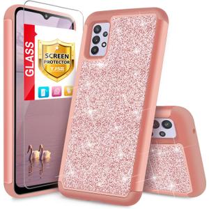 TJS Compatible with Samsung Galaxy A32 5G Case, with [Tempered Glass Screen Protector] Glitter Bling Cute Girls Women Design Dual Layer Heavy Duty Hybrid Phone Case Protector Cover (Rose Gold)