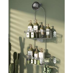 WXCGX Hanging Shower Caddy Over Shower Head Organizer: Height Adjustable Large Bathroom Storage Shelf with Soap Holder - Stainless Rustproof Shower Rack Basket with Hooks for Sponge Razor - Silver