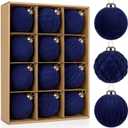 Velvet Christmas Ball Ornaments Set - 12 Pcs 3.1" Large Hanging Balls Navy Blue with 3 Textures|Smooth Diamond Pleated|Shatterproof Luxury Decor for Xmas Tree Holiday Home Party & Seasonal Decorations