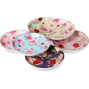 BTaT- Porcelain Floral Dessert Plates, 8 inch, Set of 6, Deep Plates, Porcelain Bone China, Appetizer Plates, Floral Plates, Salad Plates, Small Plates Set, Small Dishes